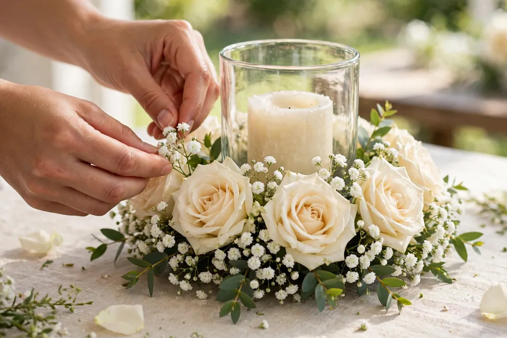 Hands tucking small white filler blooms around a candle holder base.