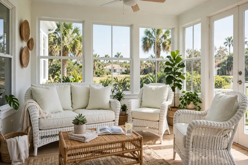 White wicker sofa and chairs with pale cushions in a bright Florida room.
