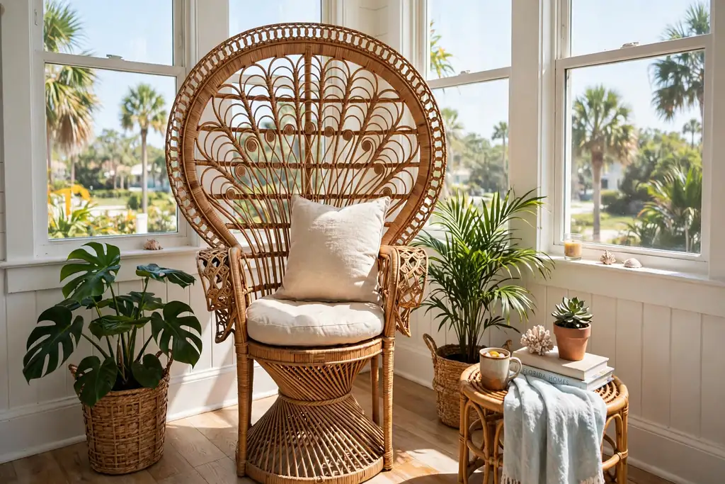 Rattan peacock chair with a cushion in a sunny Florida room corner.