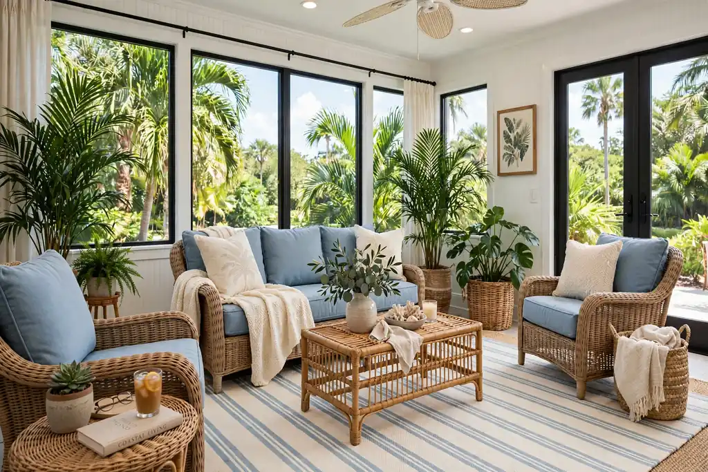 Florida room seating on a cream and soft blue striped rug.