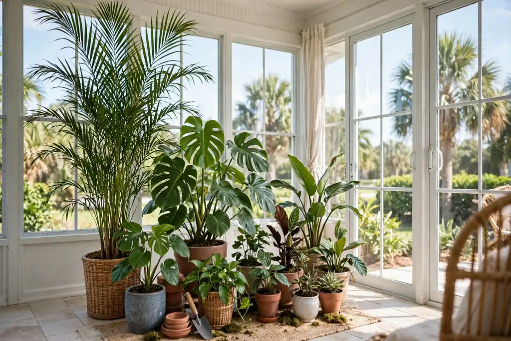Cluster of tropical plants in pots beside glass Florida room windows.