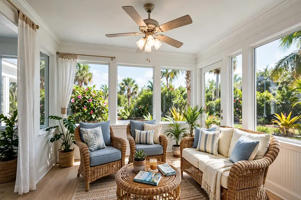 Florida room with a ceiling fan and light over wicker seating.