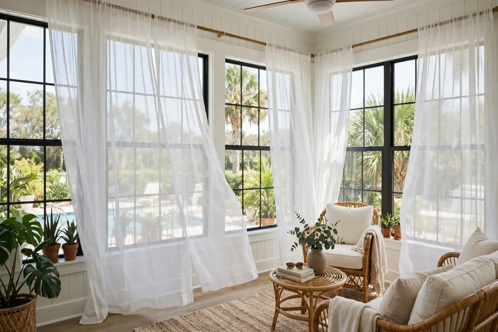 Sheer white linen curtains at large Florida room windows in daylight.
