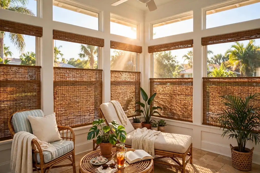 Woven bamboo shades partly lowered over Florida room windows.