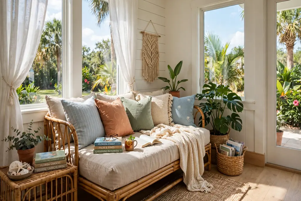 Daybed reading nook with cushions and books in a sunny Florida room corner.