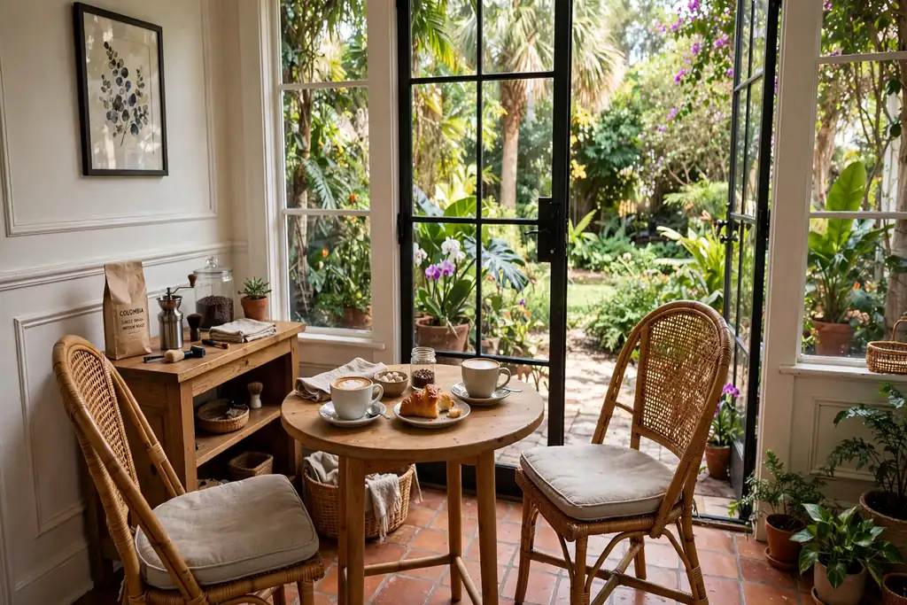 Small coffee corner with two chairs and a round table by a Florida room garden door.