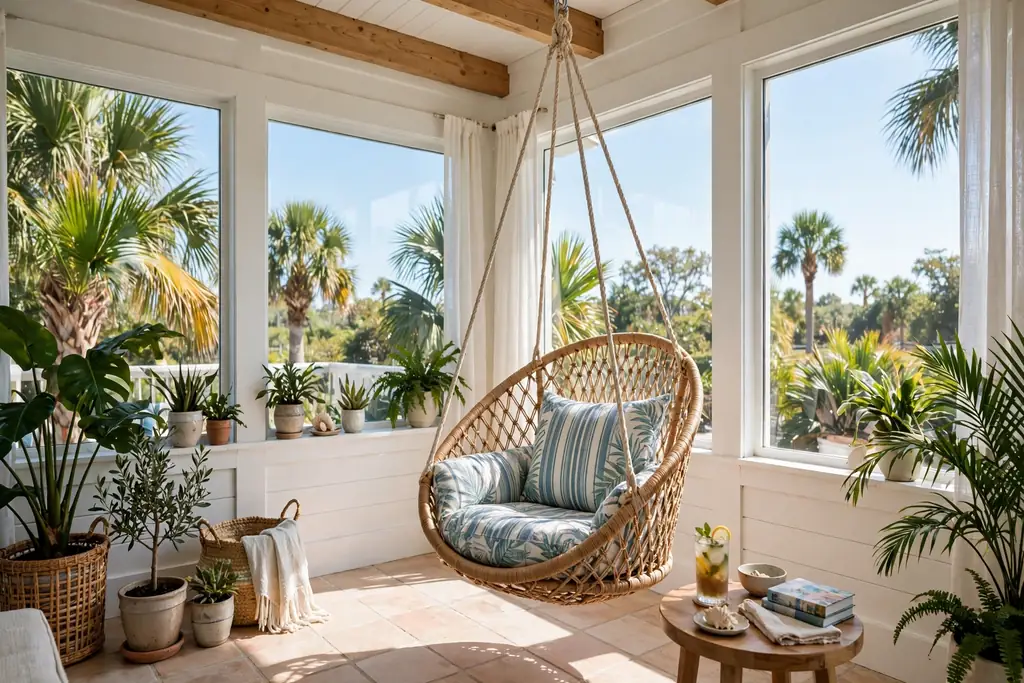 Hanging hammock chair with a cushion in a bright Florida room.