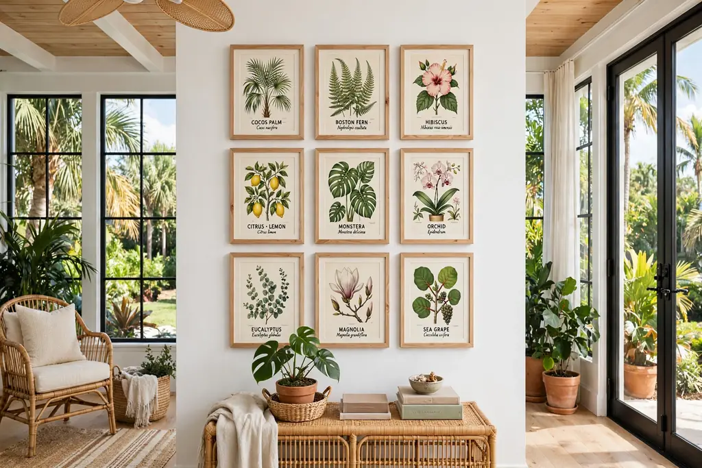 Botanical gallery wall in light wood frames on a white Florida room wall.