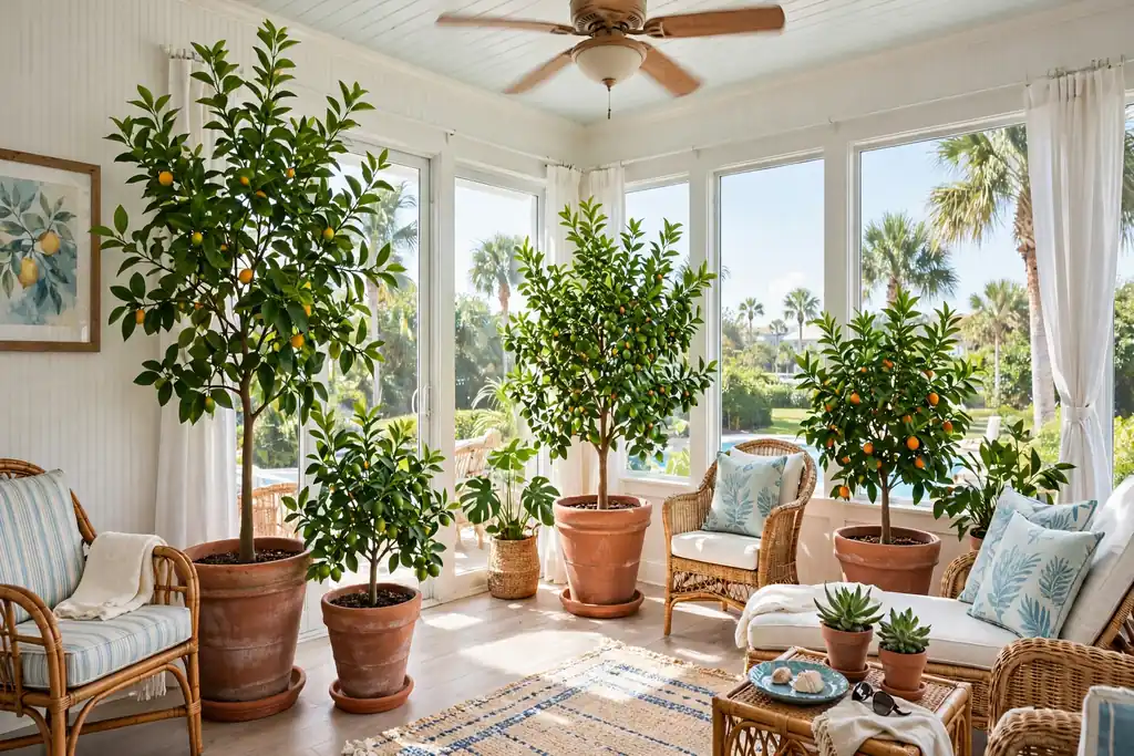 Potted citrus trees in terracotta pots in a bright Florida room.