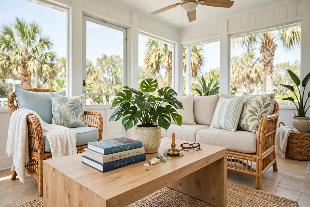 Light wood coffee table with books and a plant in a Florida room seating area.