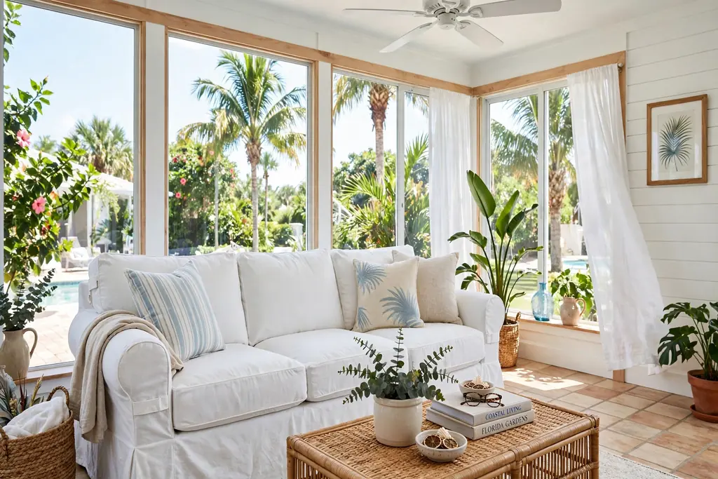 White slipcovered sofa with washable covers in a bright Florida room.