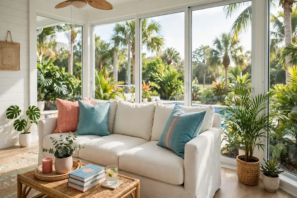 Pale Florida room sofa with coral and teal cushions.