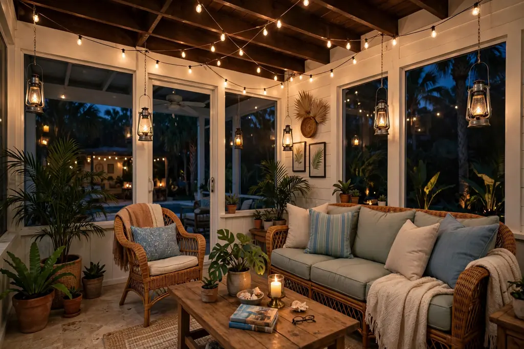 Florida room in the evening lit by lanterns and string lights.