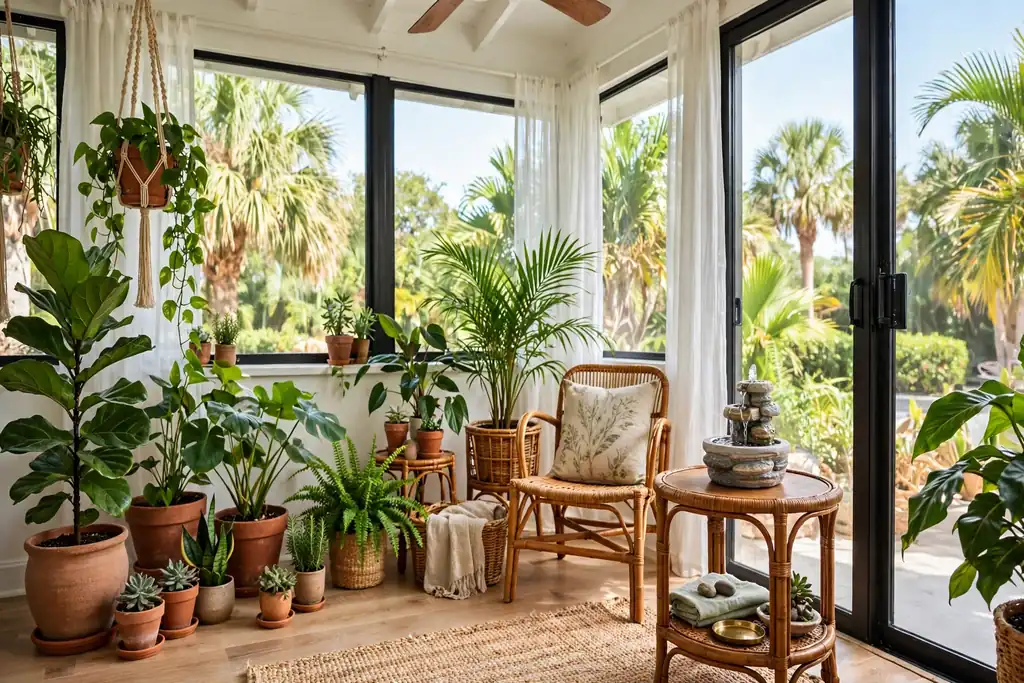 Small tabletop fountain on a side table in a plant filled Florida room.