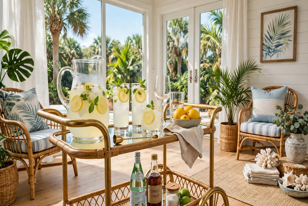 Bar cart with glasses and a lemonade pitcher in a bright Florida room.