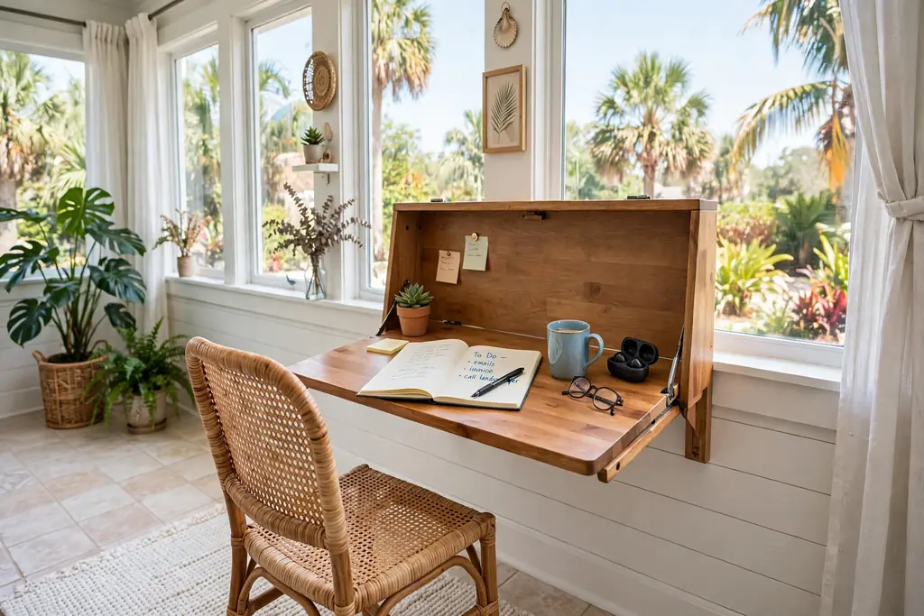 Fold down desk work nook by a bright Florida room window.