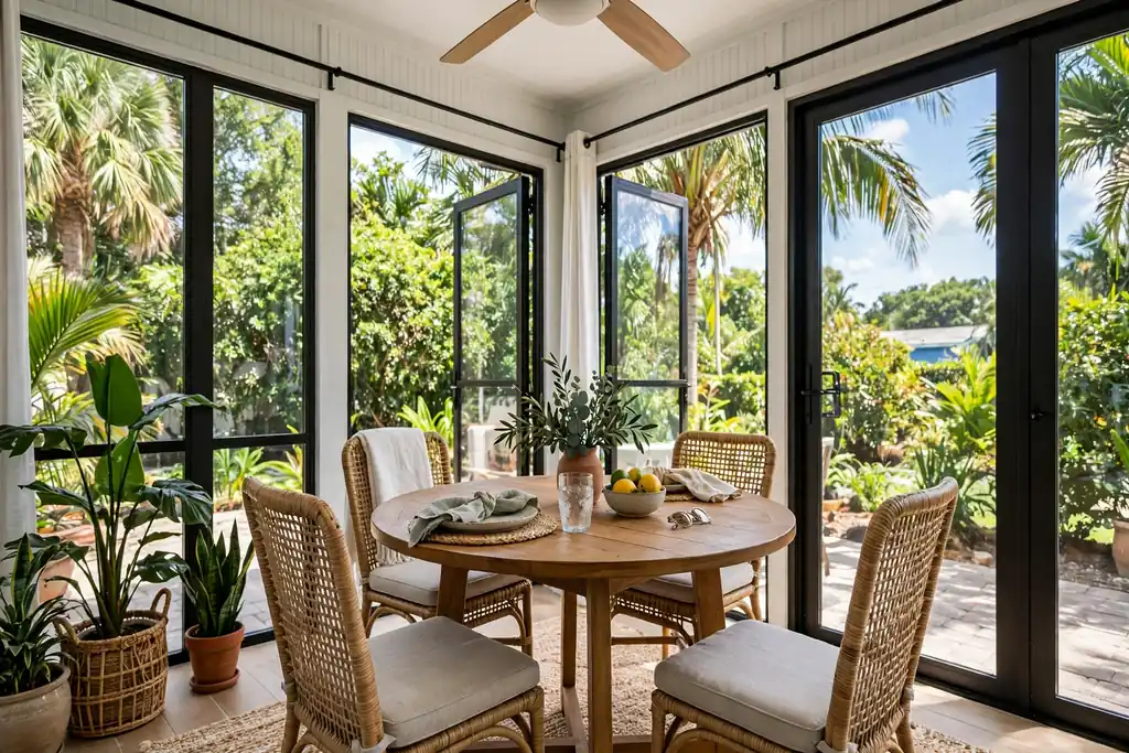 Casual round dining table and chairs by glass Florida room windows.