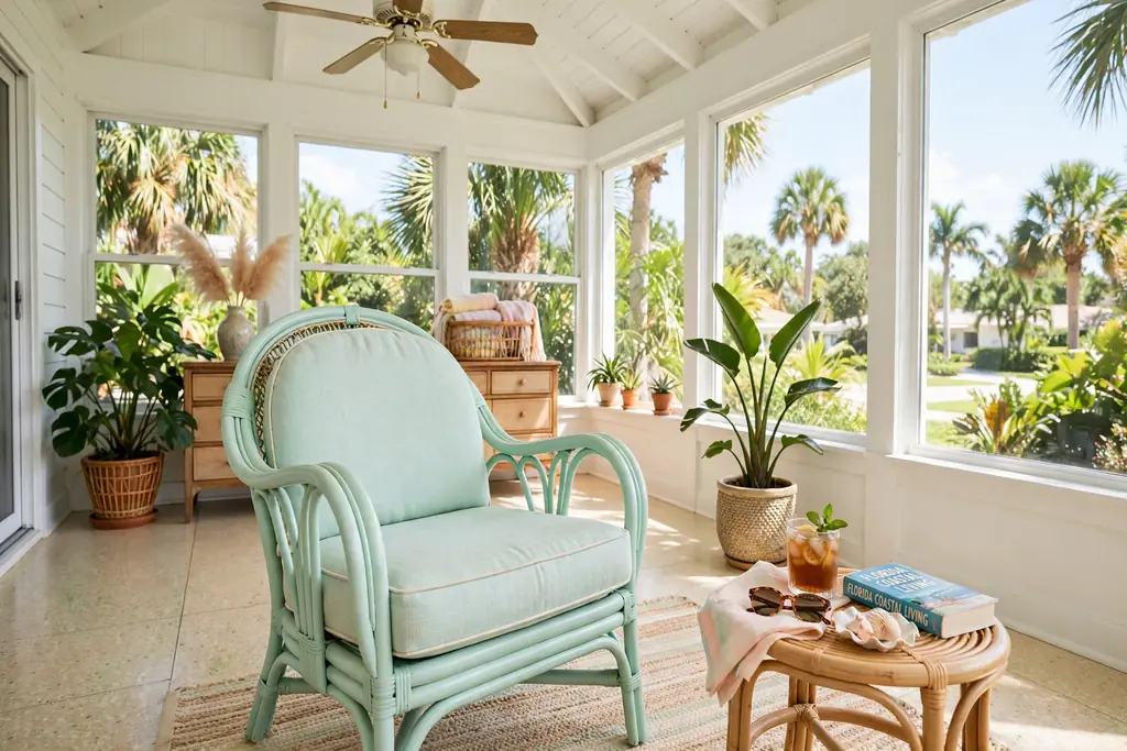 Retro pastel rattan chair in mint in a bright Florida room.