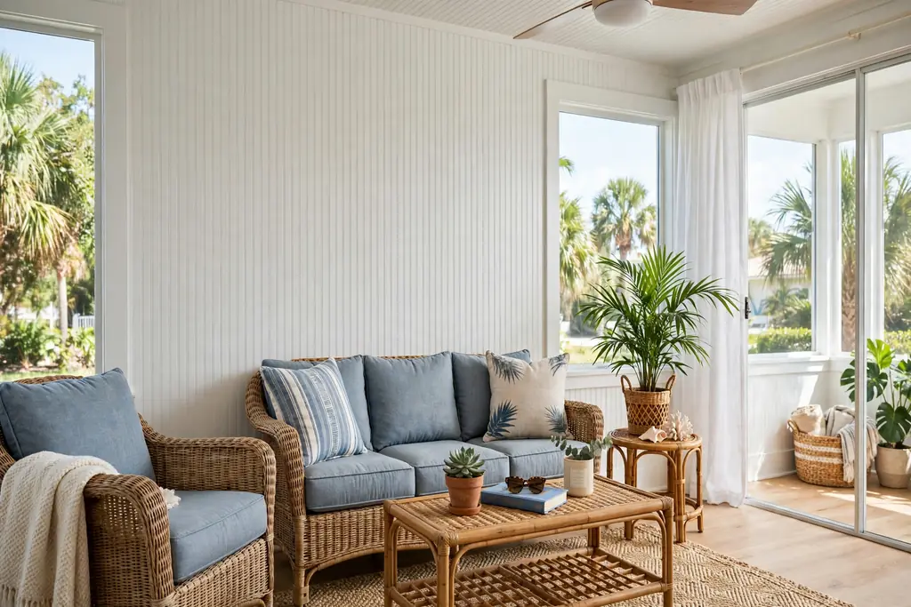 White beadboard wall behind wicker seating in a Florida room.