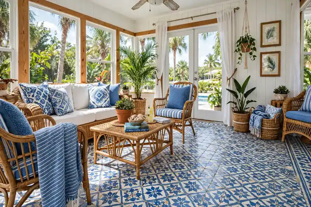 Patterned blue and white cement tile floor in a bright Florida room.