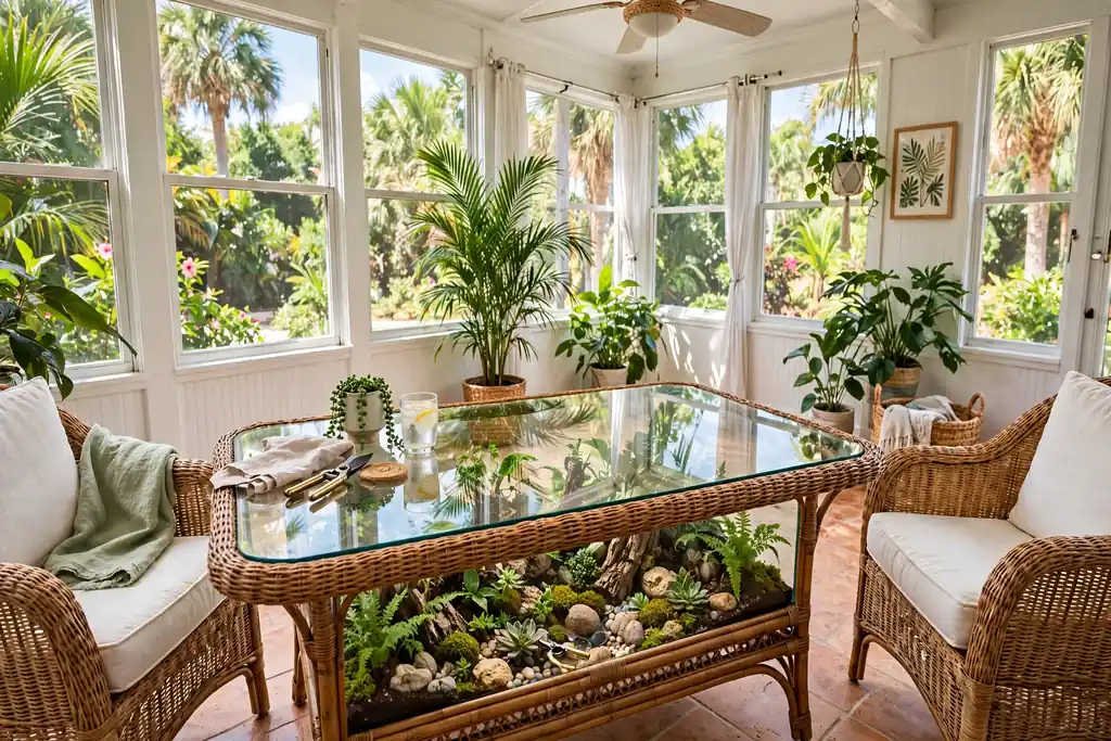 Glass topped garden table with plants beneath in a Florida room.