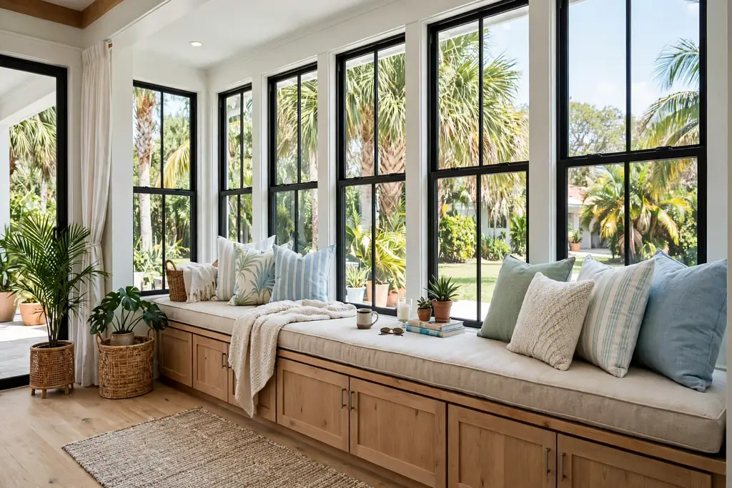 Window seat with storage and cushions along Florida room glass windows.