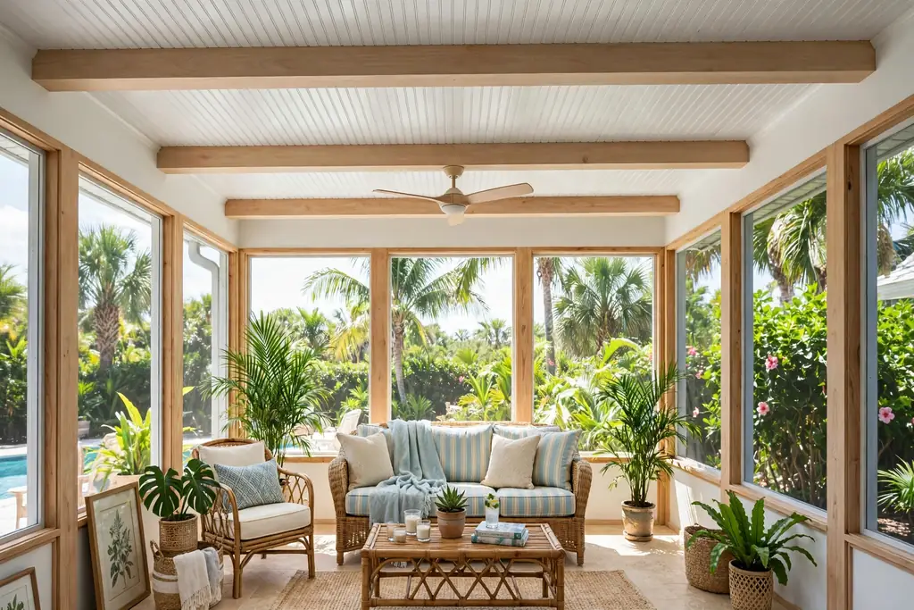 White beadboard ceiling with light wood beams in a Florida room.