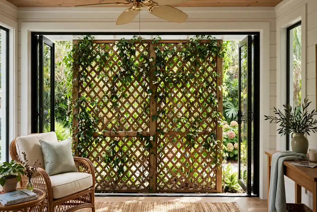 Lattice privacy screen with climbing vines beside a Florida room.