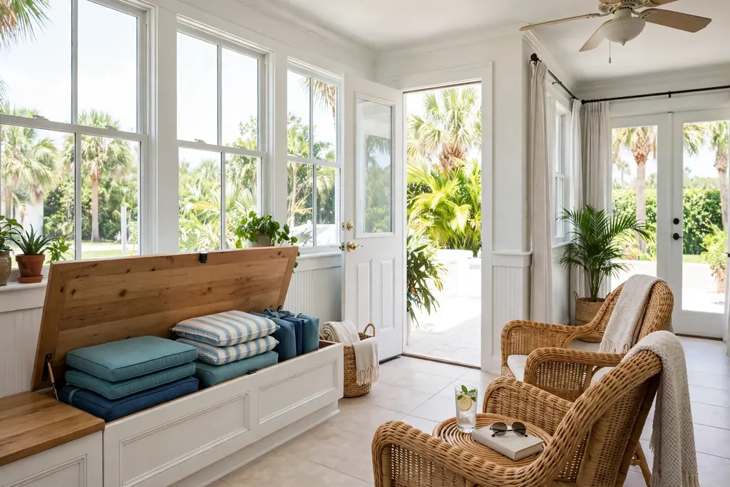 Tidy Florida room with cushions stored in a bench and clear paths to doors.