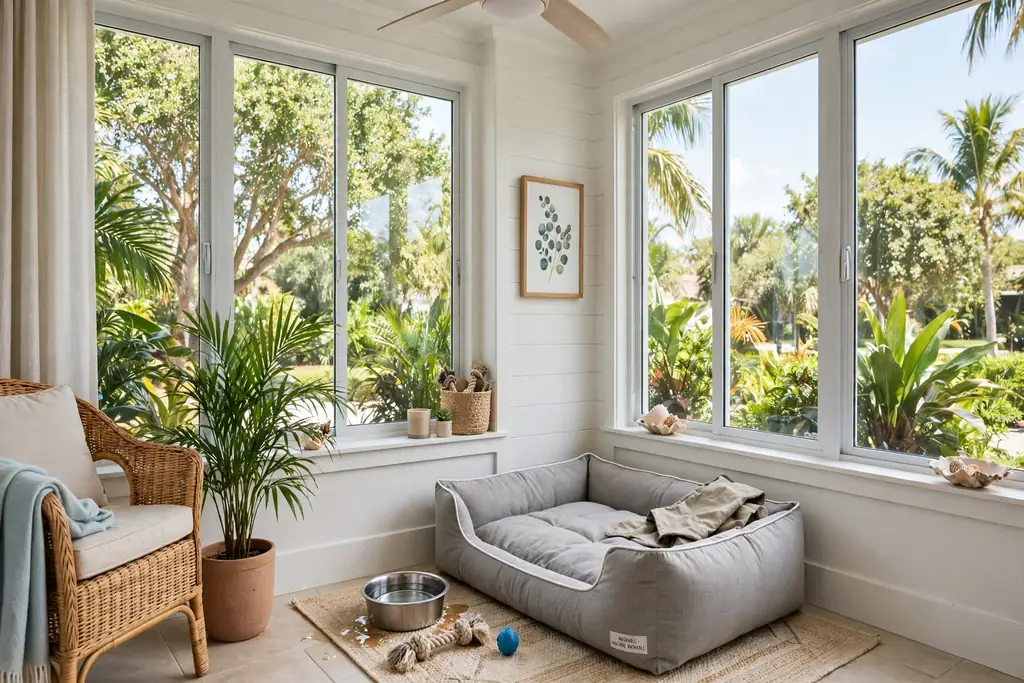 Pet friendly Florida room corner with a washable dog bed and water bowl.