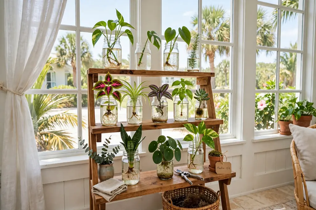 Plant propagation shelf with glass jars of cuttings by a bright Florida room window.