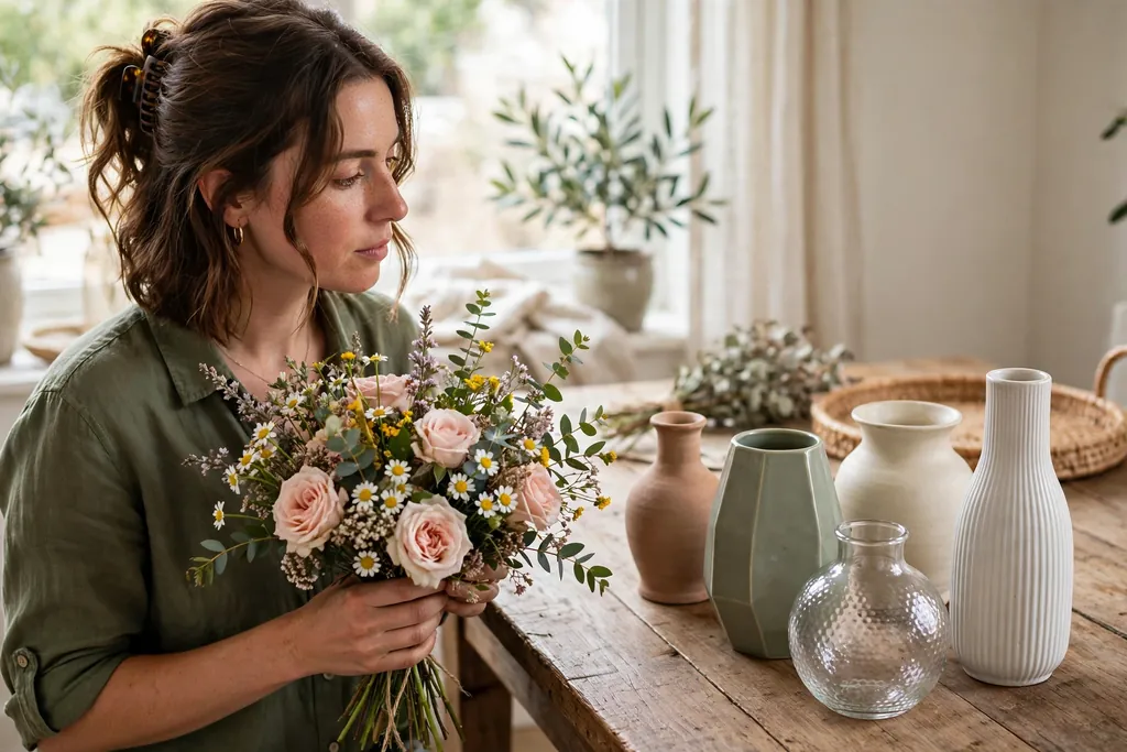 Person holding a mixed flower bunch beside empty vases in different shapes on a wooden table.