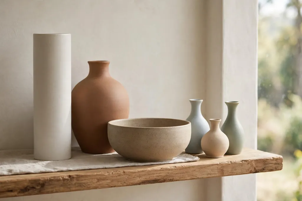 Core collection of vases on a shelf with a tall cylinder, a medium rounded vase, a low bowl, and small bud vases.