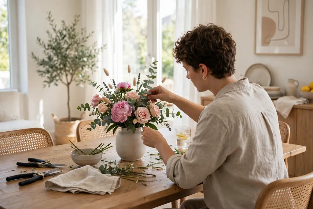 Person adjusting a flower arrangement in a vase on a dining table while checking the shape from a seat.
