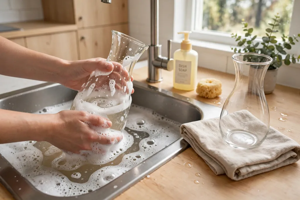 Hands washing a clear glass vase in warm soapy water at a kitchen sink with a clean vase drying beside it.