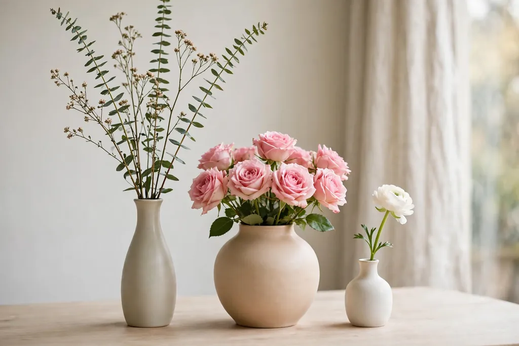 Three vases side by side with tall stems in a narrow vase, roses in a rounded vase, and a single stem in a bud vase.