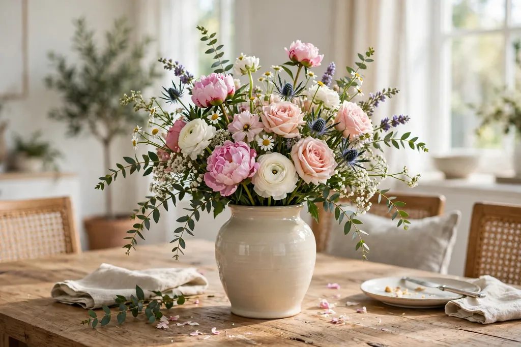 Mixed bouquet in a well proportioned ceramic vase on a dining table with blooms above the rim.