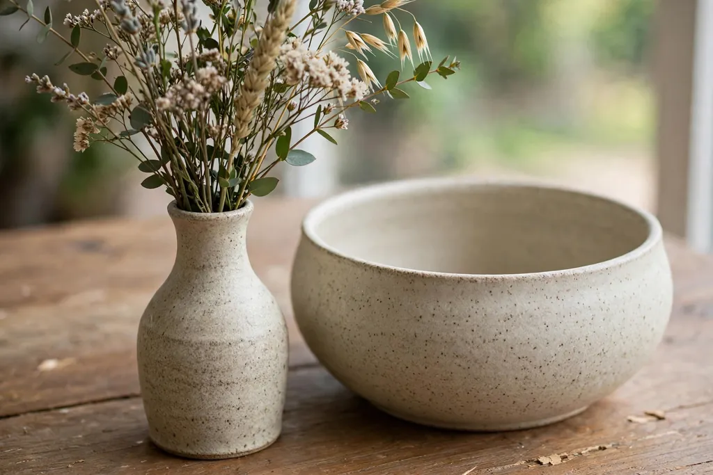 Flower stems held snug in the narrow mouth of a ceramic vase beside a wider empty vase.