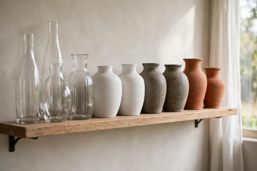 Shelf of empty vases in clear glass, white ceramic, stoneware, and terracotta in natural light.