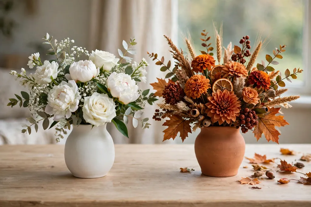 White blooms in a quiet white vase beside warm autumn blooms in a terracotta vase on a light wood table.