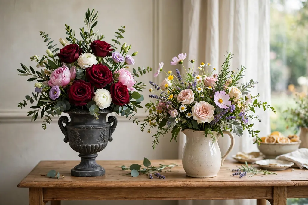 Formal arrangement in a classic urn vase beside a loose garden bouquet in a ceramic pitcher on a console table.