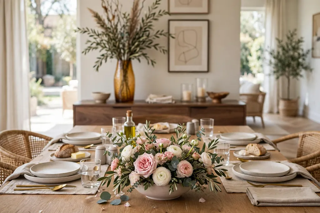 Low bowl flower arrangement on a dining table with clear sightlines and a tall vase on a console behind it.