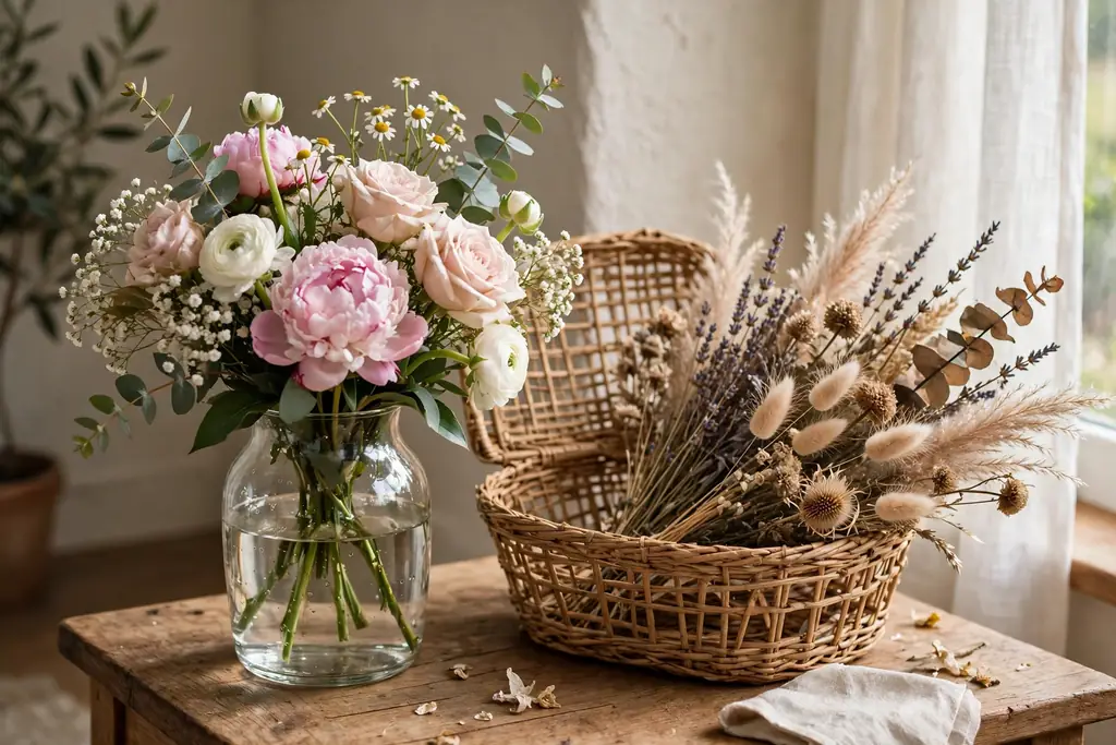 Fresh flower bouquet in a glass vase with water beside a dried flower arrangement in an open basket.