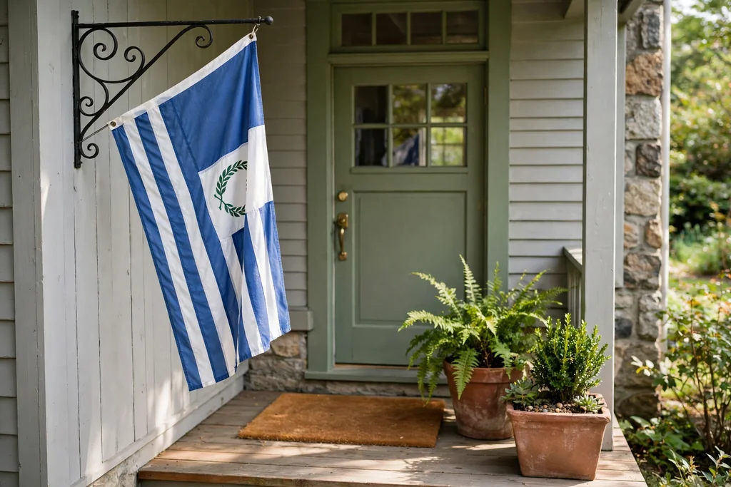 A flag hanging from a porch bracket beside a plain doormat and planters.