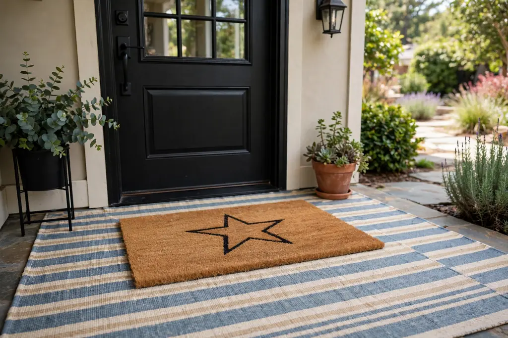 A striped outdoor rug layered under a coir doormat with a star design at a front door.
