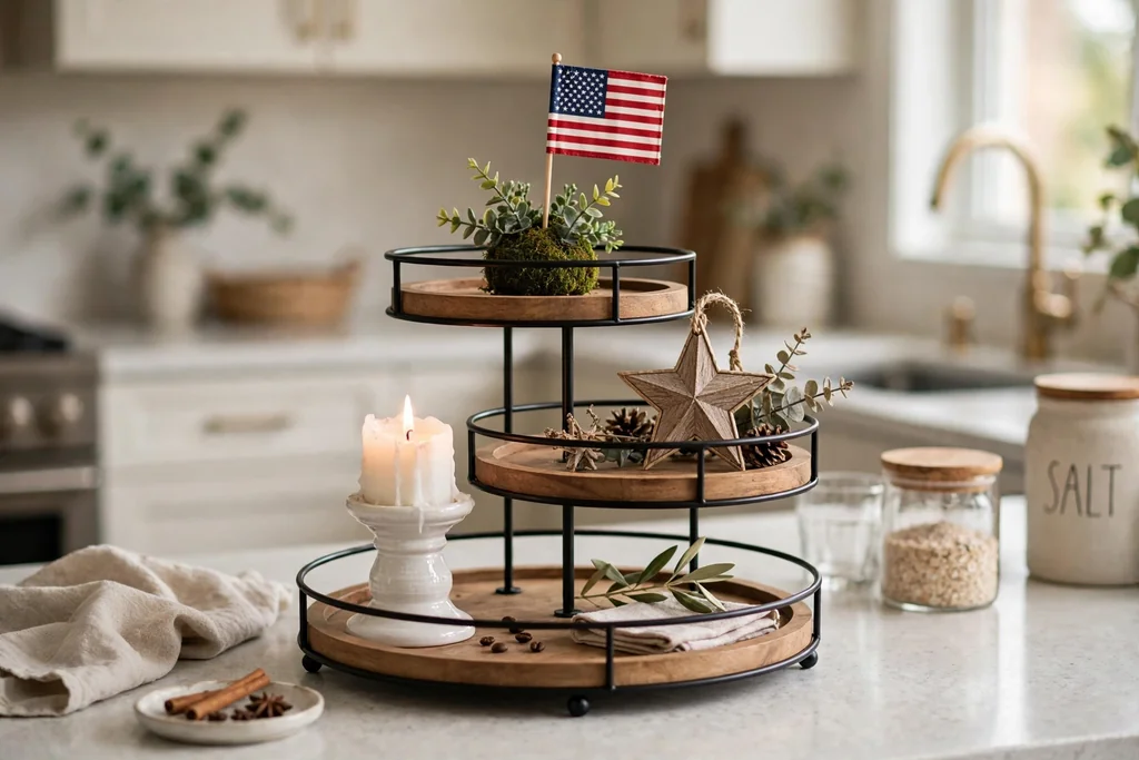 A tiered kitchen tray styled with a tiny flag, a star ornament, and a white candle holder.