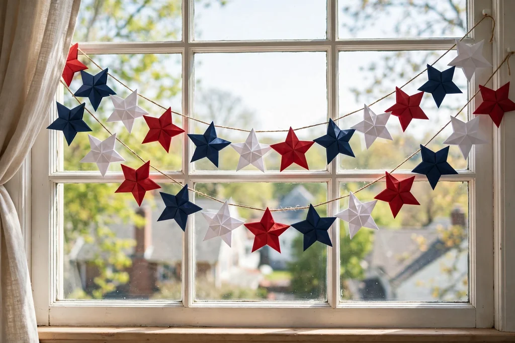 A garland of red, white, and navy paper stars strung across a bright window.