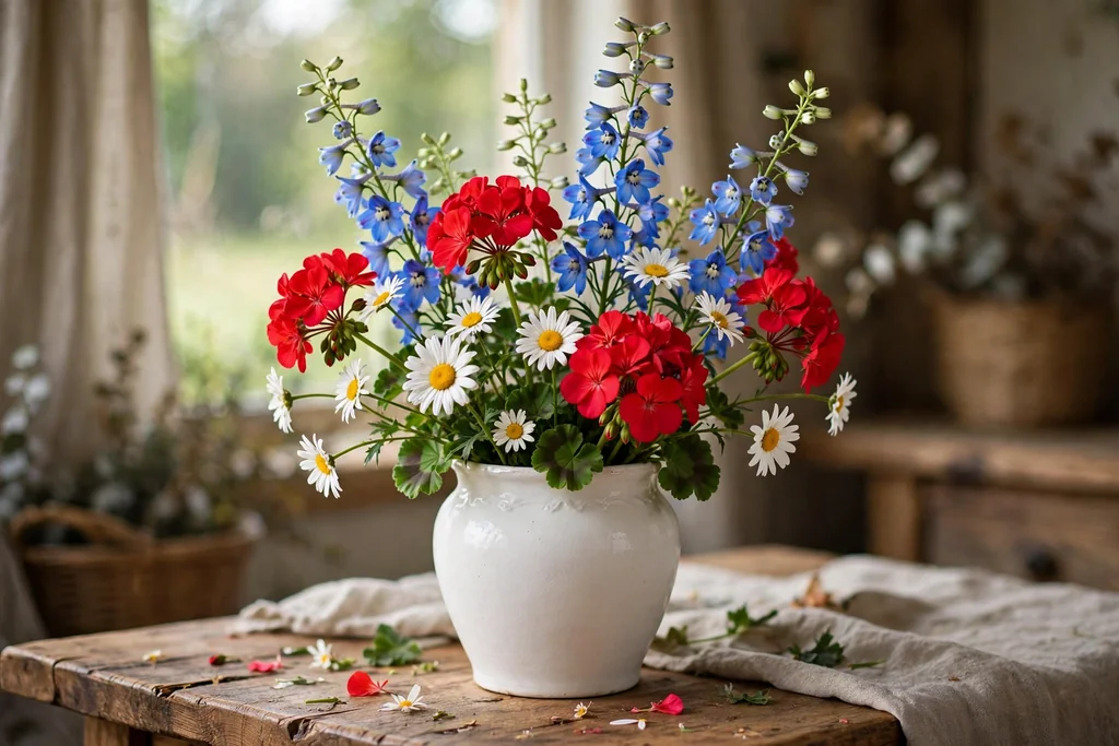 A white vase with red geraniums, white daisies, and blue delphinium on a table.