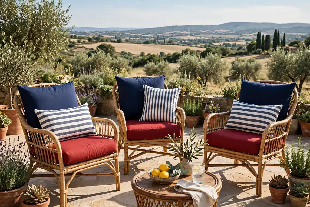 Patio chairs with navy and red cushions and one striped cushion on each chair.