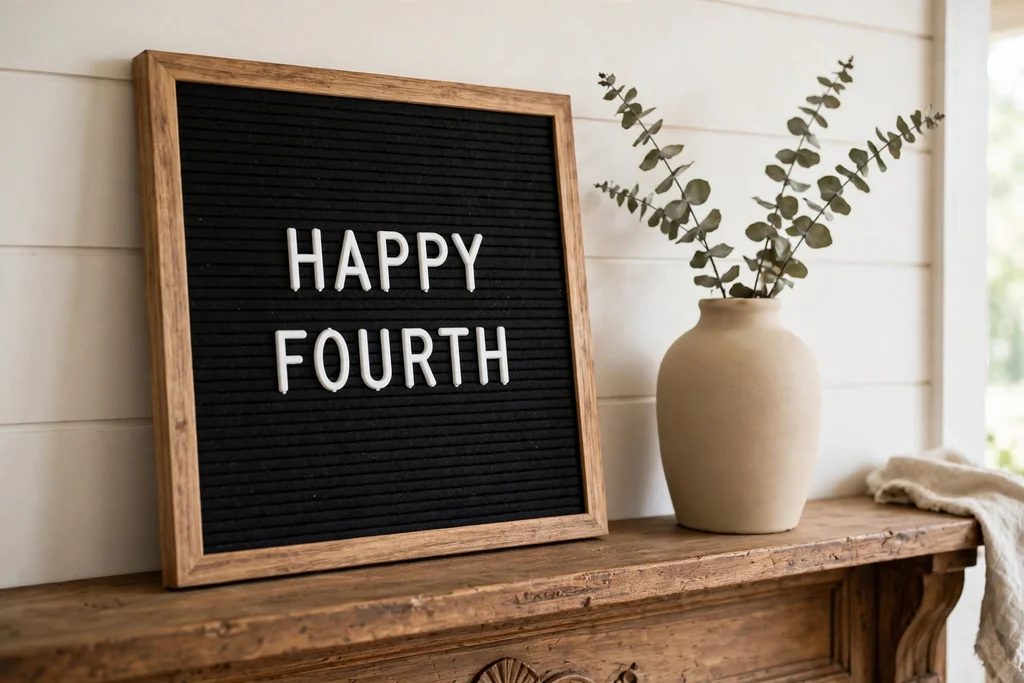 A felt letter board reading Happy Fourth on a mantel beside a plain vase.